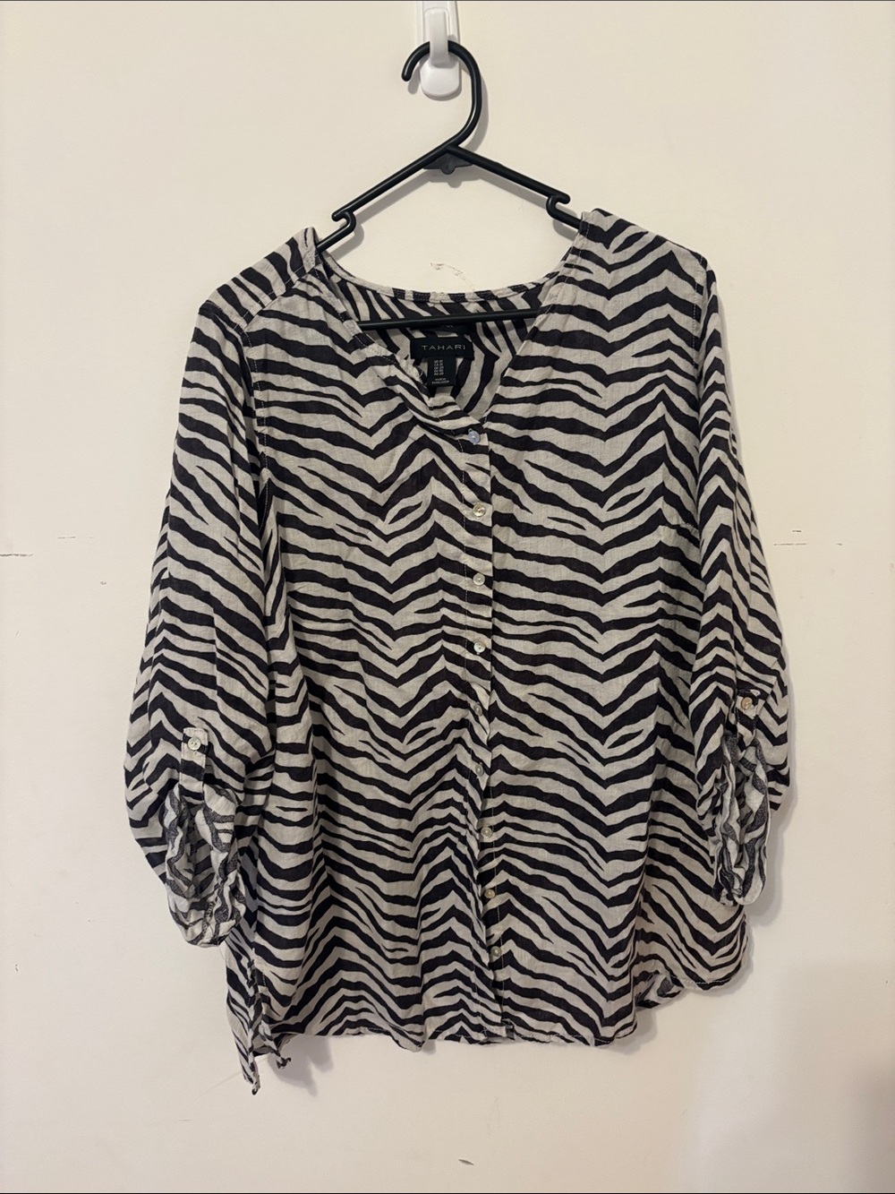 Tahari  Zebra Stripe linen Button-Front Top